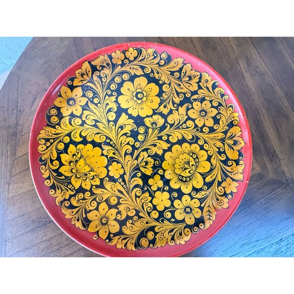 Vintage Russian Made in USSR Laquered Plate Gold Black Wooden Ware Folk Art READ - Picture 2 of 14